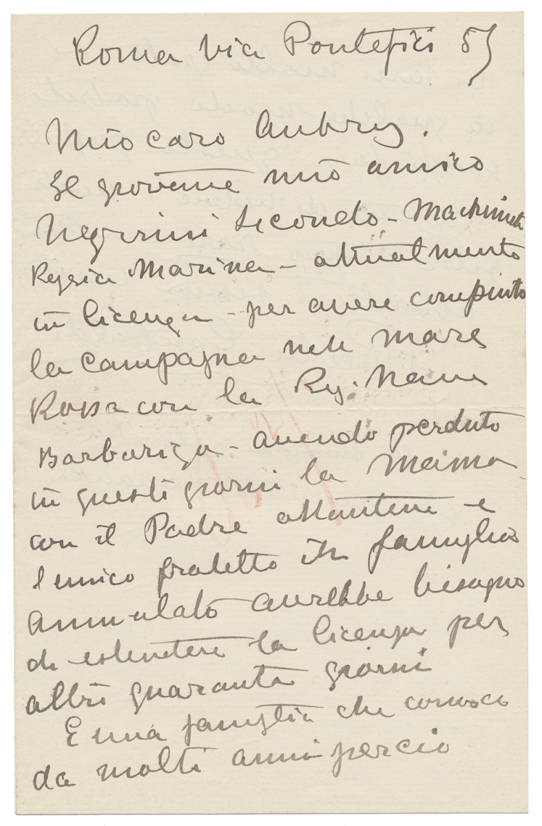 1907- Ricciotti Garibaldi, lettera all'Ammiraglio Augusto Aubry 