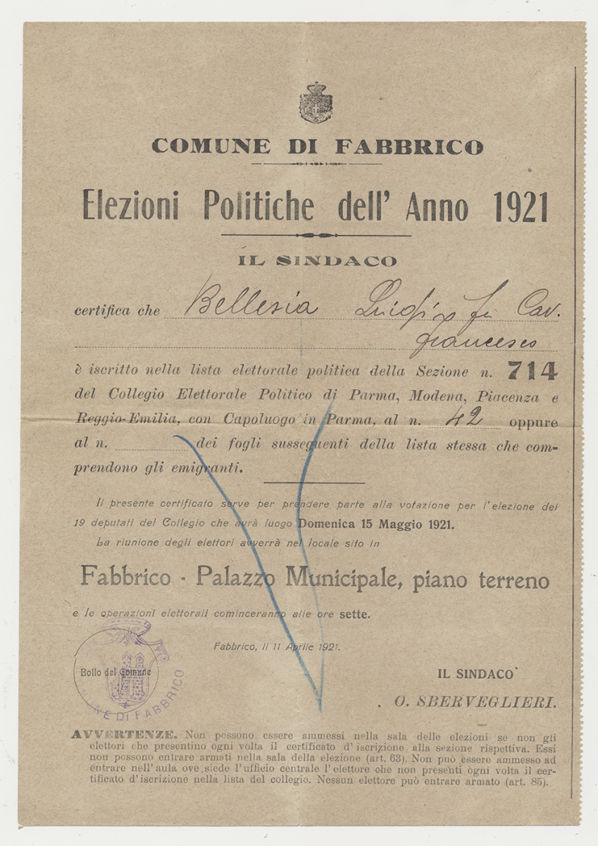 Elezione Politica a Fabbrico, 1921