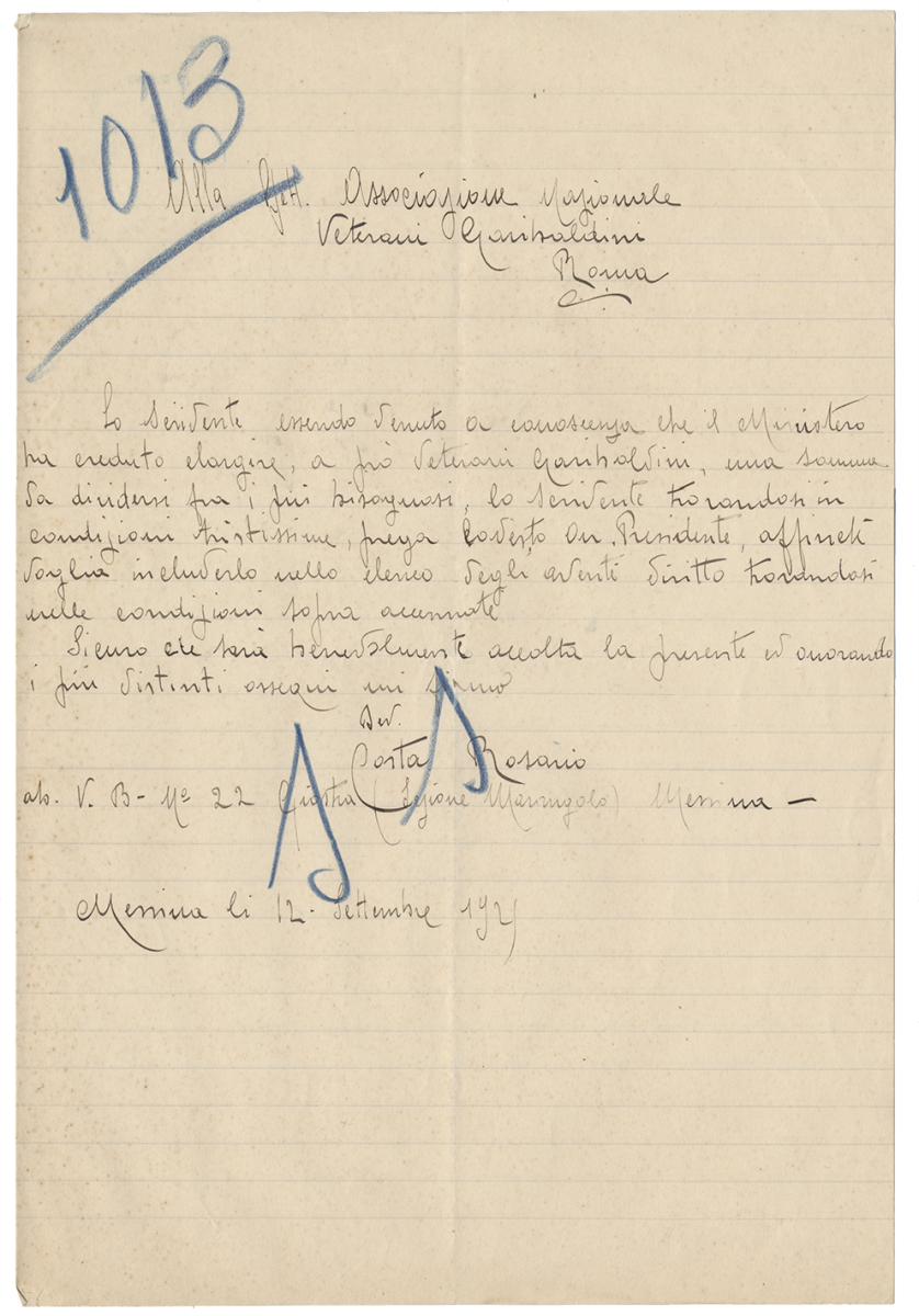 Costa Rosario, lettera, 1925