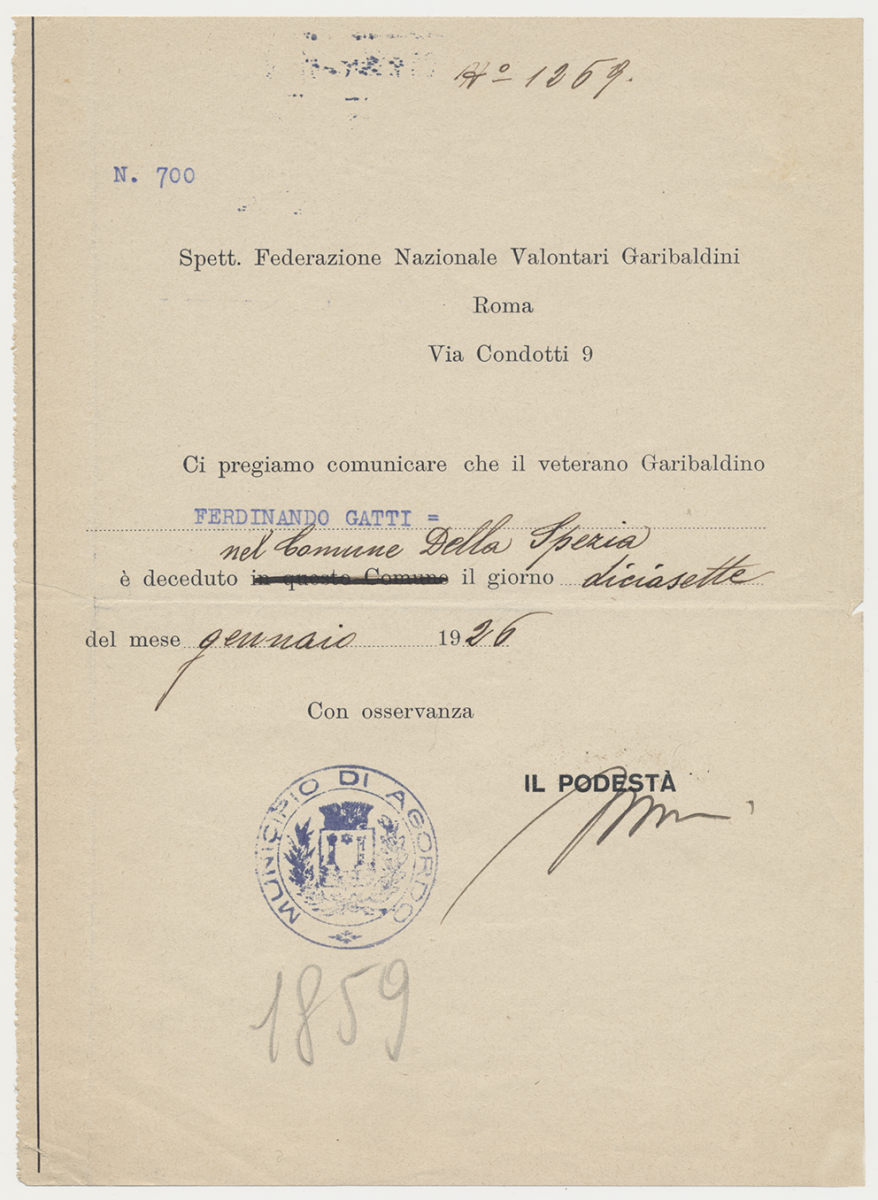 Ferdinando Gatti, certificato, 1926