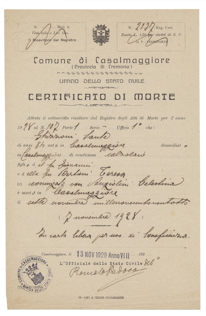 Ghizzoni Sante, certificato di morte, 1929