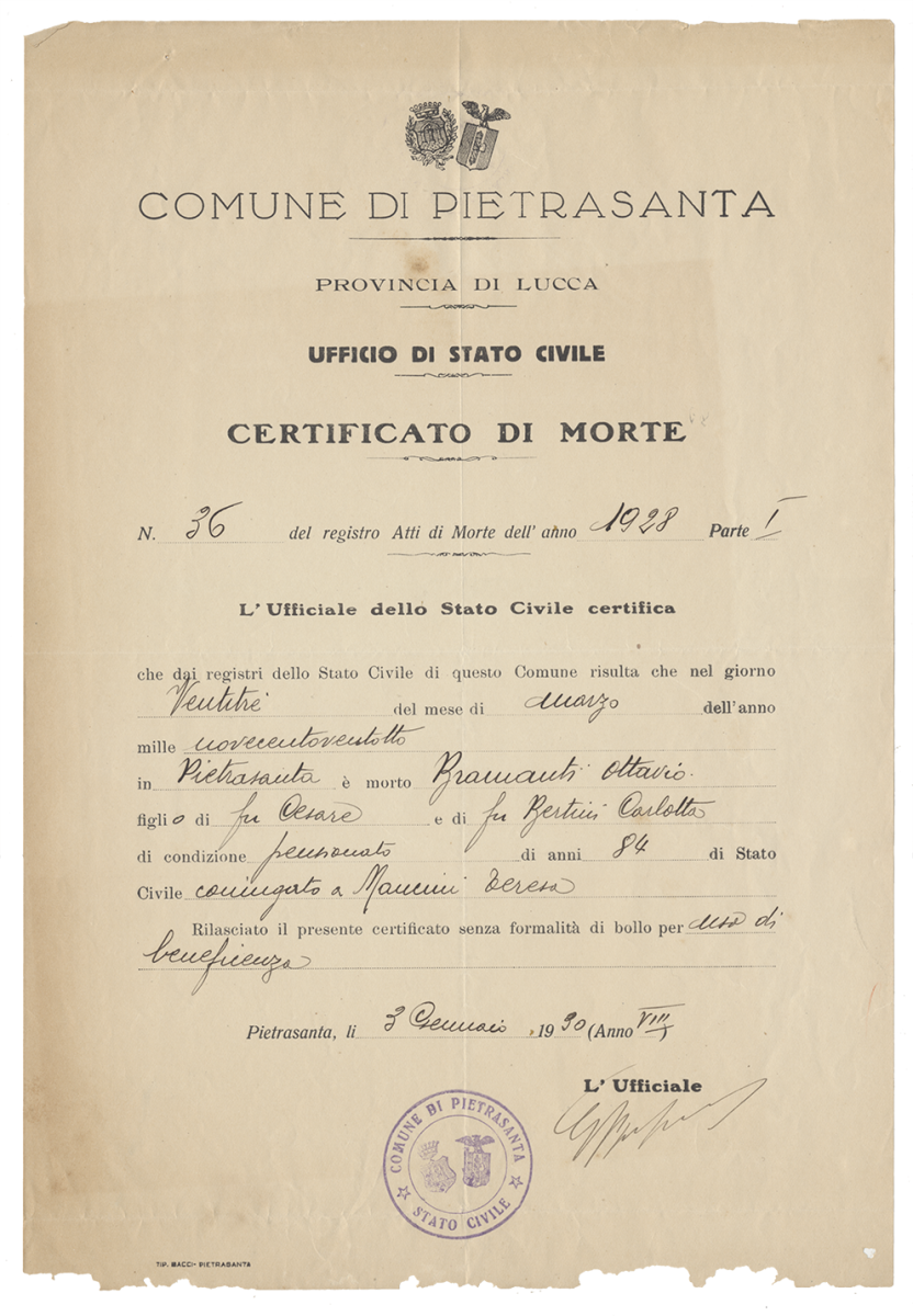 Bramanti Ottavio, certificato morte, 1930