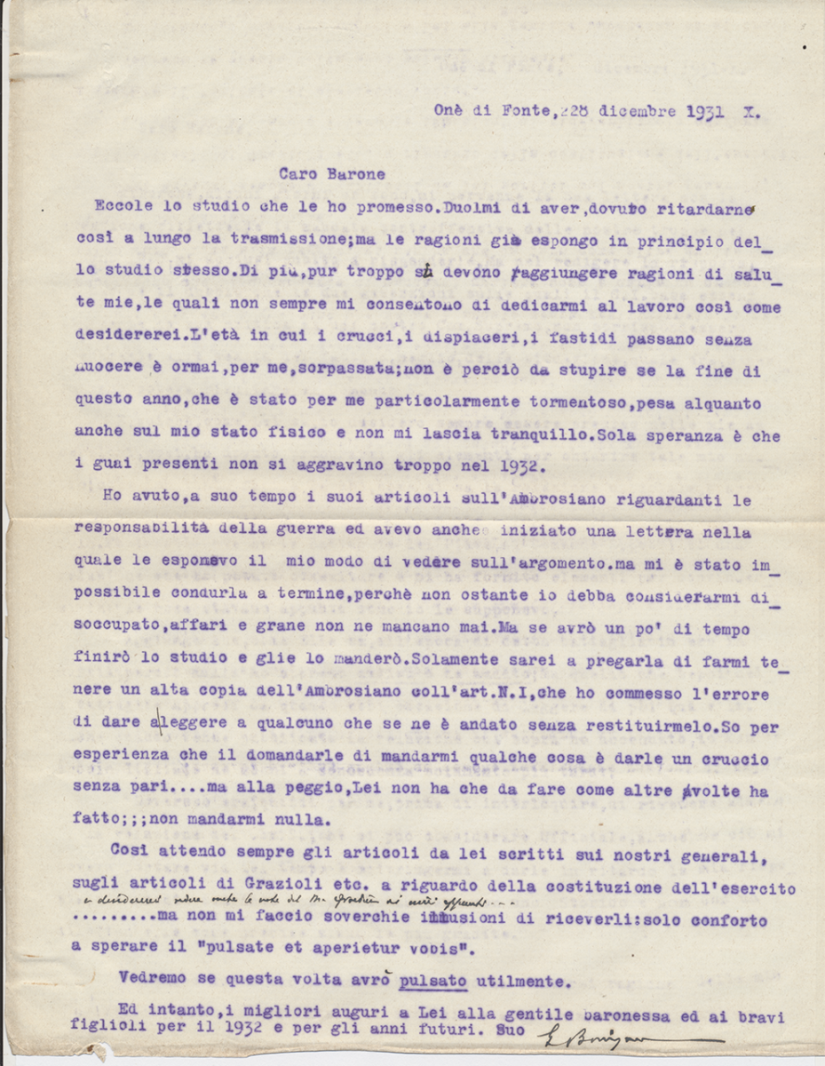 Achille Bassignano, lettera che anticipa il memoriale, 1931