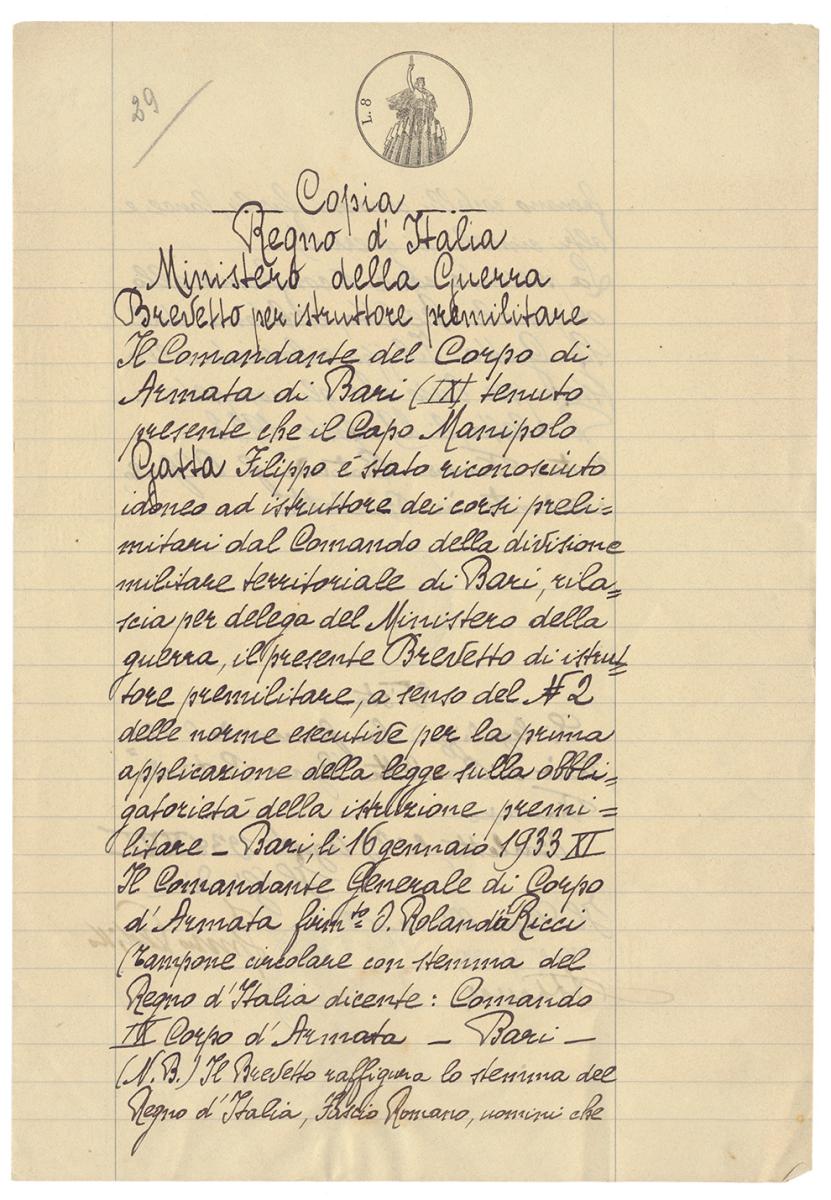 Filippo Gatta, brevetto. 1938
