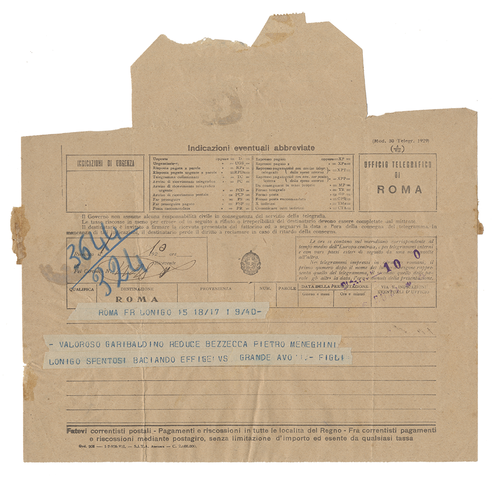 1940, Famiglia  Meneghini Pietro, telegramma a