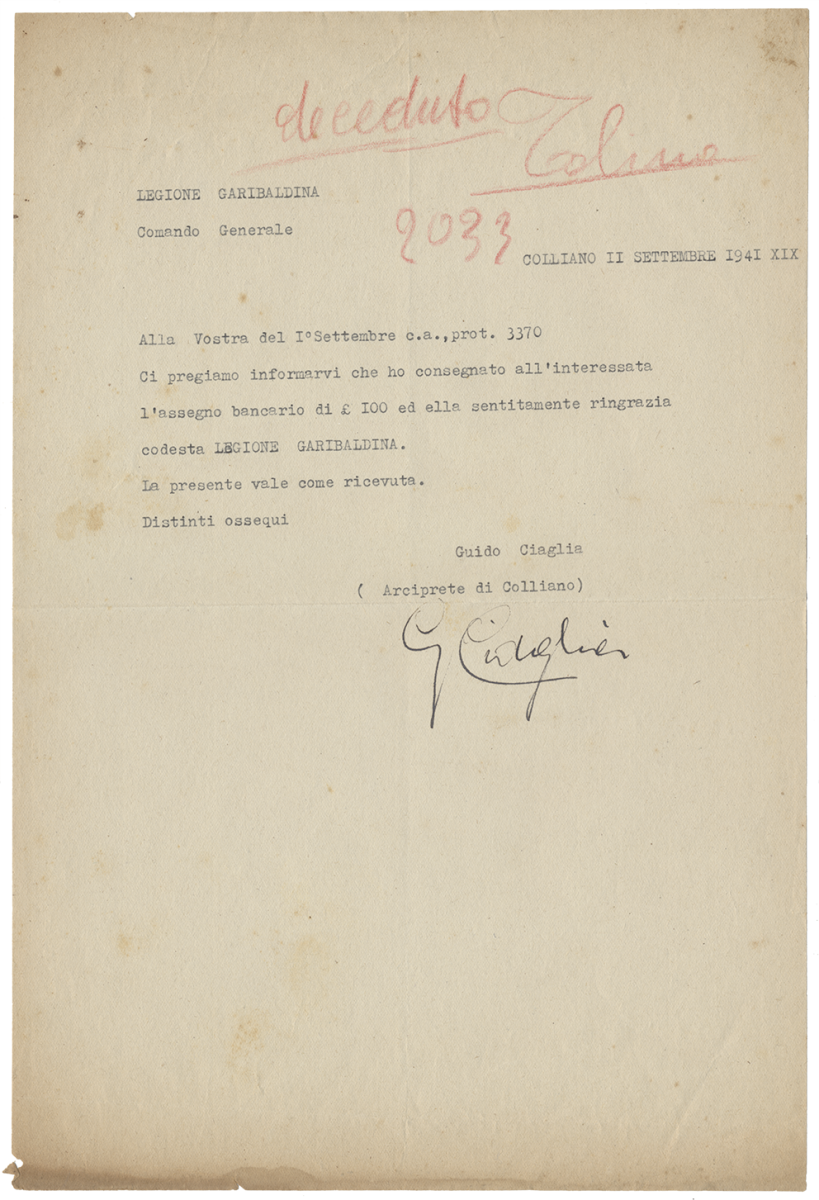 1941, Tolino Vito Antonio lettera ricevuta