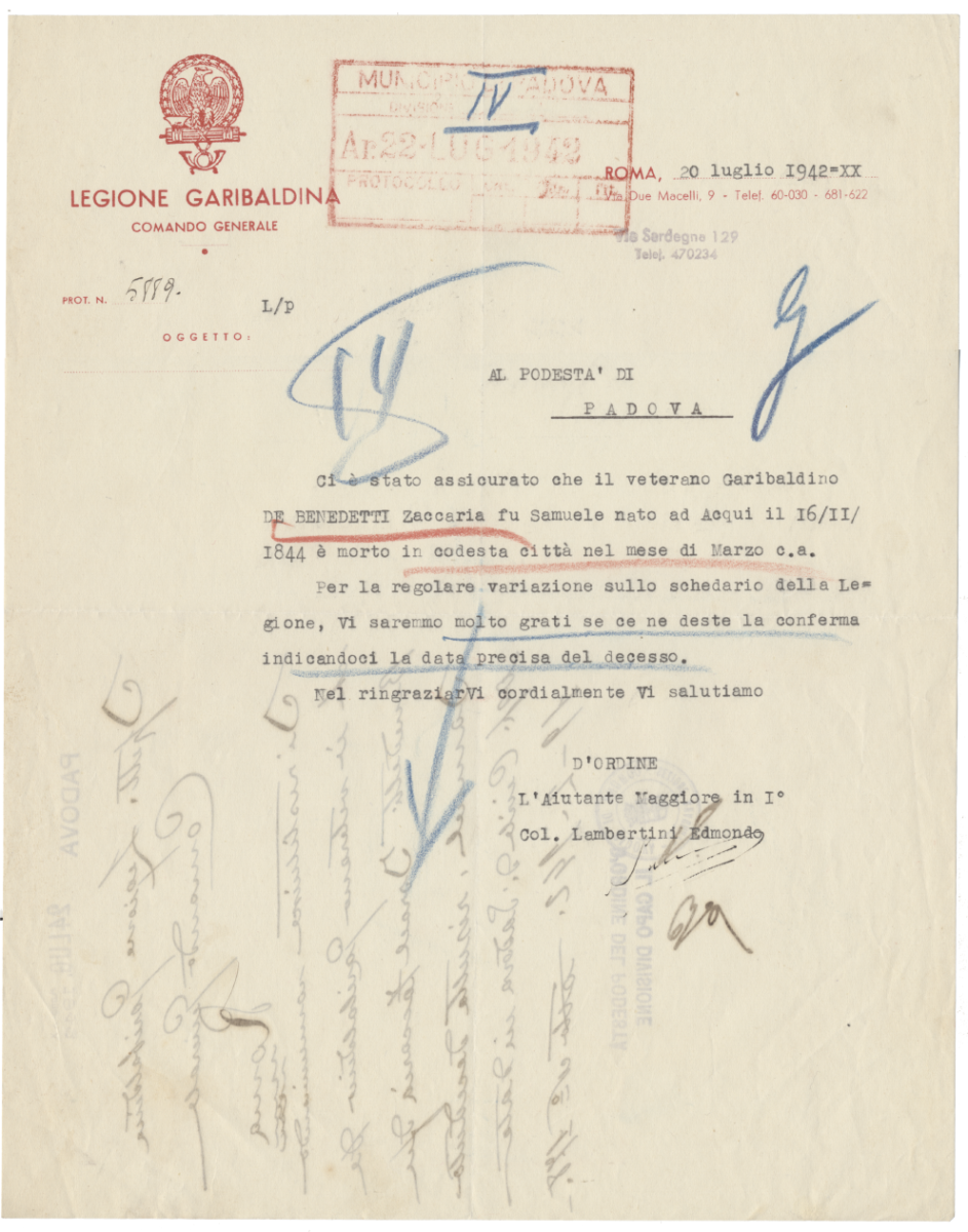 De Benedetti Zaccaria, comunicazione, 20 luglio 1942