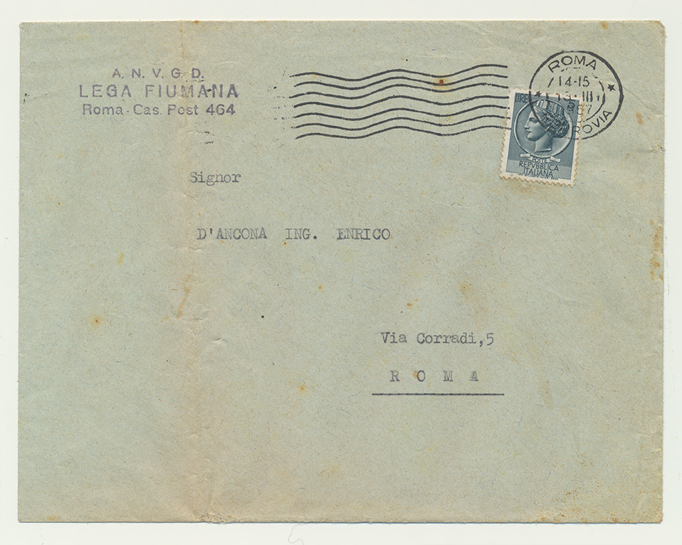 Lega Fiumana. D'Ancona. Busta. 1957