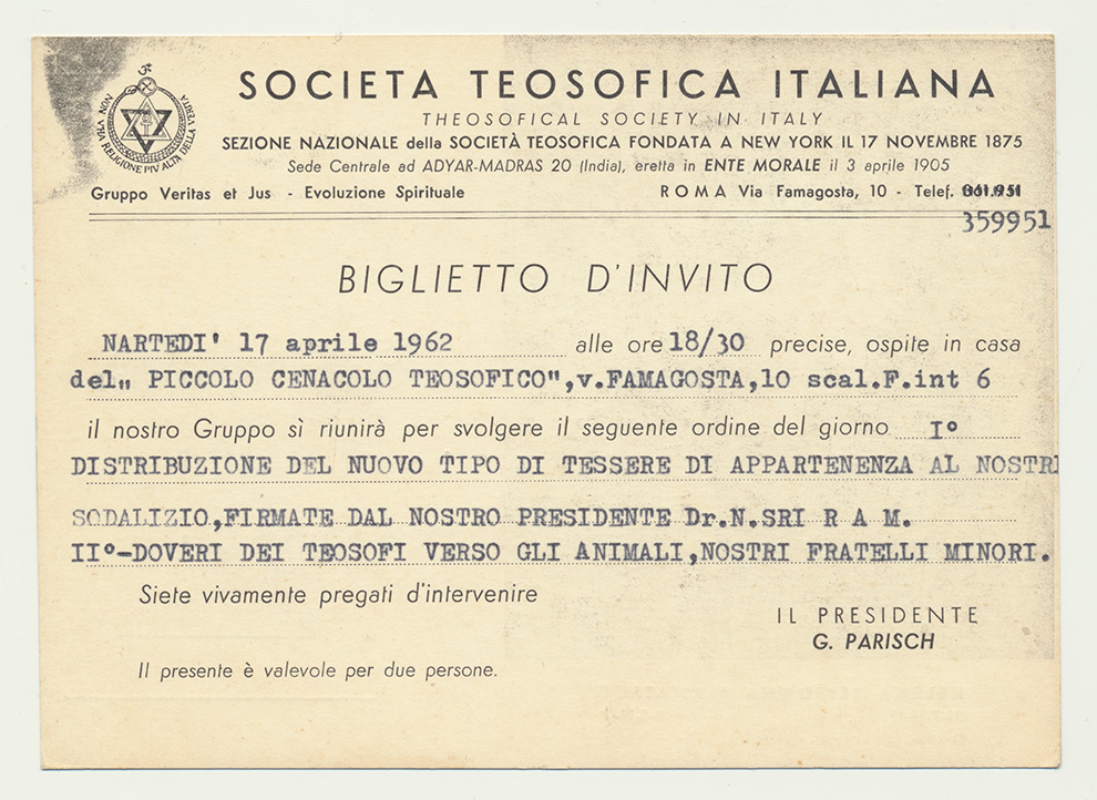 Società Teosofica Italiana,  invito Maria Antonietta Basile, 1962