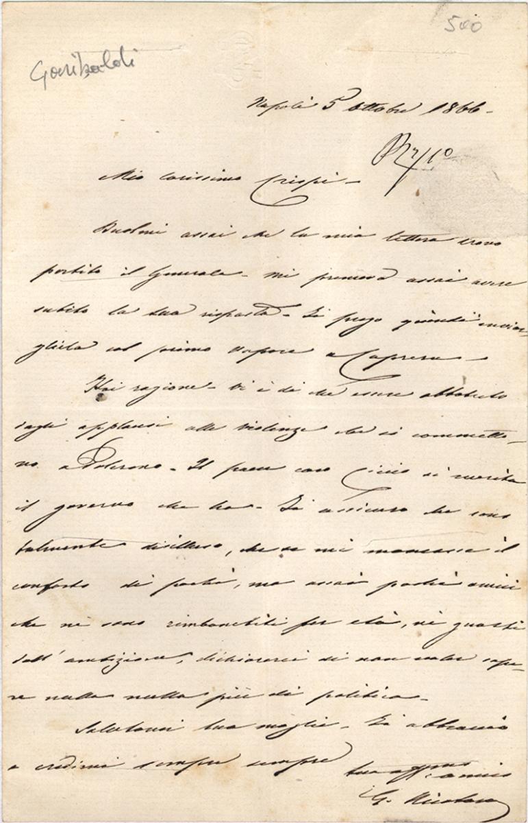 Giovanni Nicotera, lettera a Francesco Crispi, 5 ottobre 1866